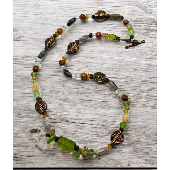 Earth Tone Beaded Necklace with Copper Spiral Accents Faux Stone Boho Nature - Picture 1 of 7